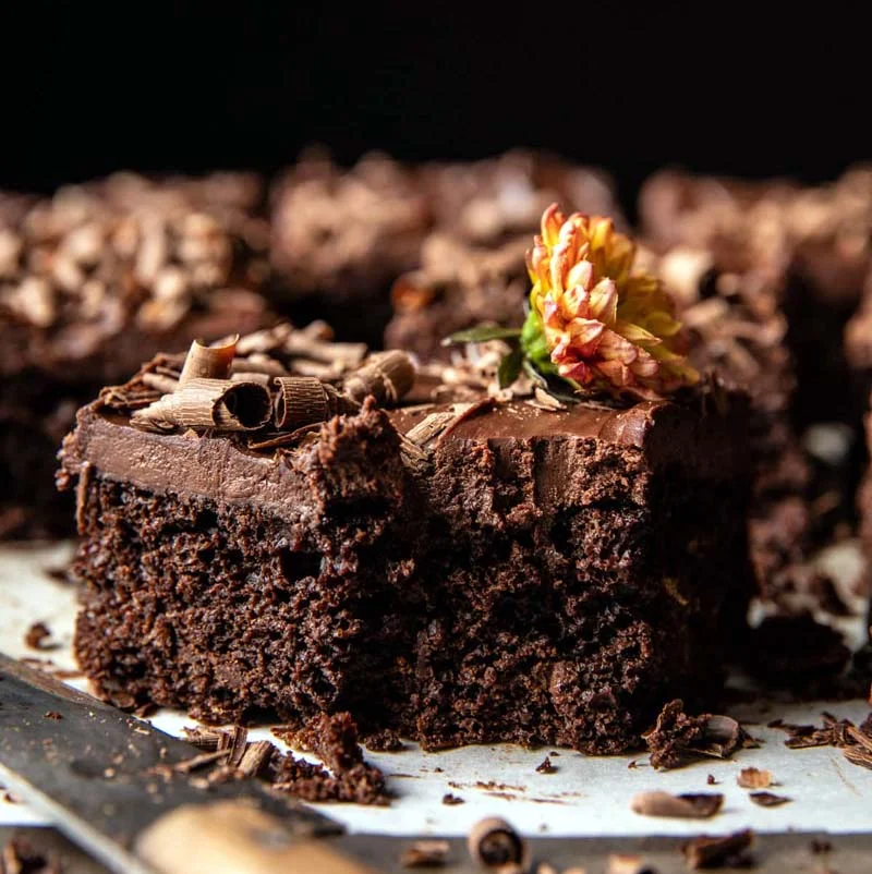 Fudge Frosted Chocolate Olive Oil Sheet Cake