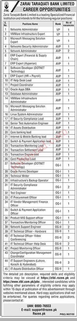 Zarai Taraqiati Bank online apply (ztbl jobs og-2) at www.ztbl.com.pk jobs 2023