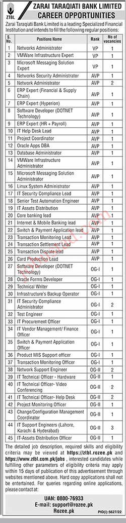Today latest Zarai Taraqiati Bank jobs online apply (ztbl jobs og-2) at www.ztbl.com.pk jobs 2023
