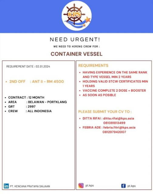 Loker Kru Kapal Terbaru 2nd Officer Container Vessel 2024