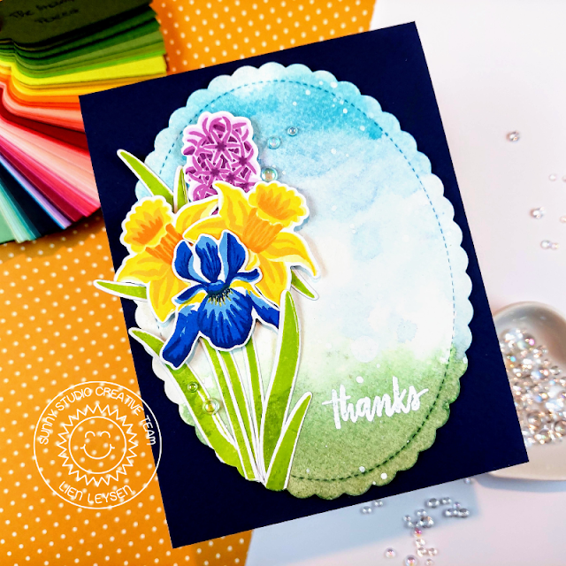 Sunny Studio Stamps: Spring Bouquet Thank You Card by Lien Leysen (featuring Scalloped Oval Mat Dies)