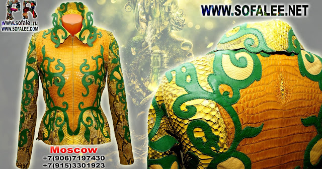Yellow green color leather jacket from python crocodile hide