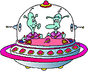 Two aliens in conversation in a cartoon UFO spaceship