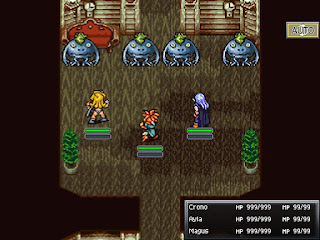 The party battles a row of Nus in the Curious Village, an odd little area of Chrono Trigger.