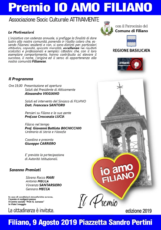 Al via la seconda edizione del Premio Socio Culturale "Io amo Filiano"