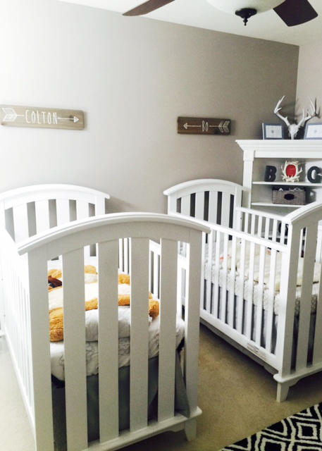 Twin Boy Nursery - white, gray, navy - with rustic elements. Antlers & Arrows