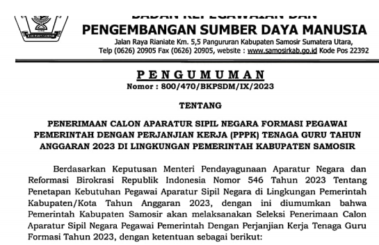 Penetapan Rincian Formasi Kebutuhan ASN PPPK Kabupaten Samosir Provinsi Sumatra Utara Tahun Anggaran 2023 pdf