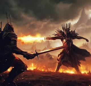 Sauron from the Lord of the Rings fighting Talos from the Elder Scrolls