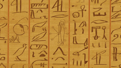 Close-up of the Egyptian papyrus showing Tikki and an ancient Ladybug