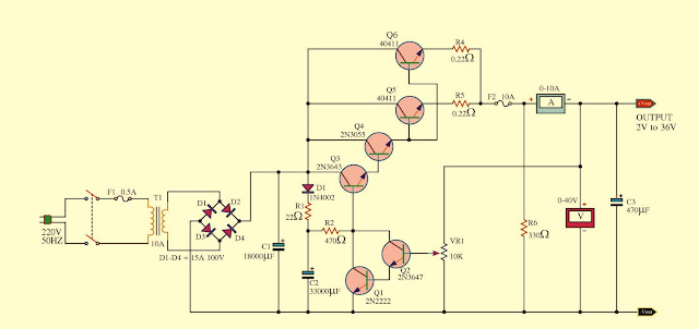 AC Mains supply to 2 to 36 V Voltage Circuit Using Transistors.