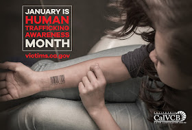 Photo of young girl with barcode on her arm. CalVCB logo. Text next to photo: January is Human Trafficking Awareness Month. victims.ca.gov.