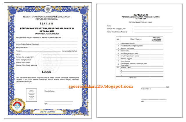 Blangko Ijazah Pendidikan Kesetaraan Program Paket B