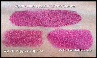 Wycon Cosmetics - Liquid Lipstick n° 12 - Viola Orchidea - Confronto con MAC Flat Out Fabulous e Wycon Puply Matt Lip n° 05