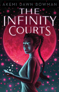 An Asian teenage girl stands in a white dress in front of a bright red moon.