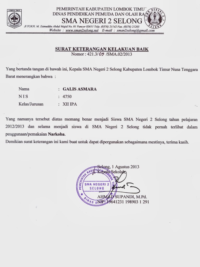 Contoh Surat Perakuan Berkelakuan Baik