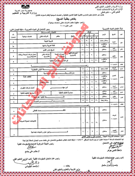 جدول امتحانات شهادة الدبلوم الفنى الثانوى الفندقى 2018 جداول الدبلومات الفنية