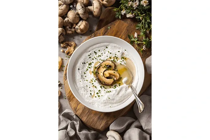 A bowl of creamy wild mushroom soup topped with truffle foam and garnished with herbs.