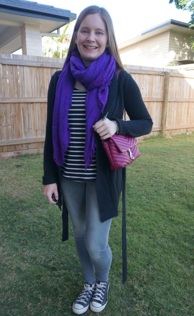 monochrome stripe tank grey skinny jeans converse cardigan with pink bag purple scarf winter school run style | away from blue
