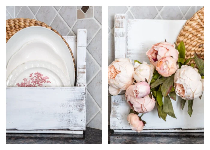pink dishes in wood tote, pink peonies
