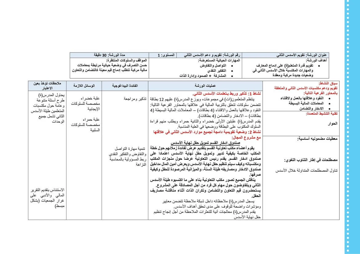 جذاذة تقويم و دعم الأسدس الثاني المستوى الأول pdf