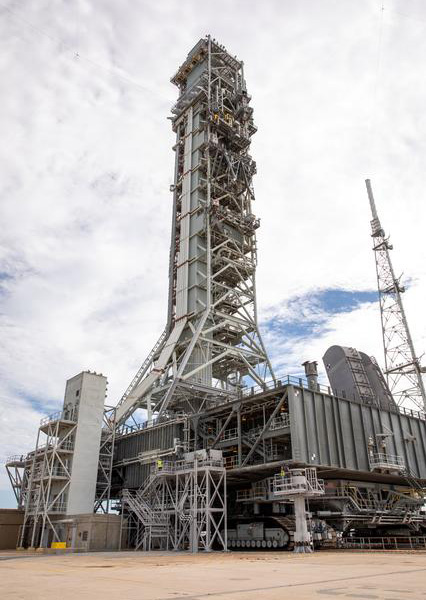 Mobile Launcher 1 arrives at Launch Complex 39B at NASA's Kennedy Space Center in Florida on August 17, 2023...for testing prior to the Artemis 2 mission.