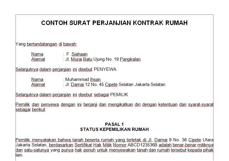 Contoh Surat Perjanjian Kontrak Rumah