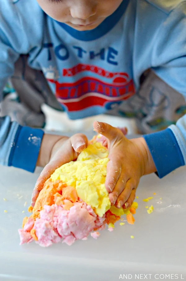 Scented sensory play with citrus easy dough - inspired by the book 150+ Screen-Free Activities for Kids - from And Next Comes L