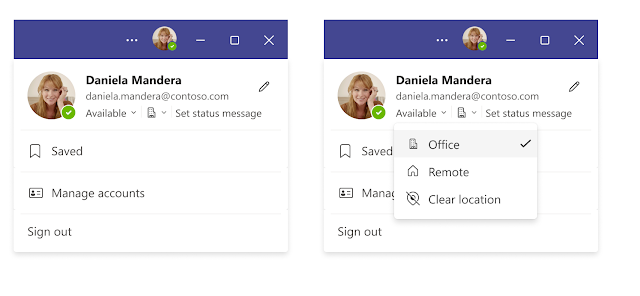 A screenshot of Microsoft Teams contact card displaying the new location setting feature, showing the user's selected work location for the day.