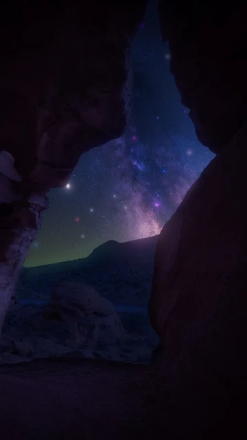 Night, Starry Sky, Nebula, Cave, Rocks