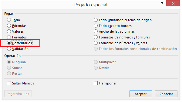 Insertar comentarios en excel