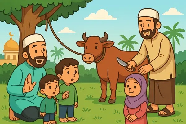 Anak-anak kecil melihat ibadah korban lembu dan belajar tentang pengorbanan dalam Islam