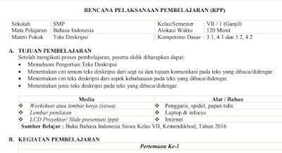 Download RPP Satu Lembar Bahasa Indonesia Teks Deskripsi