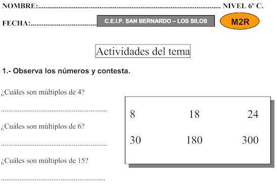 Educablog Primaria: Ficha de múltiplos y divisores