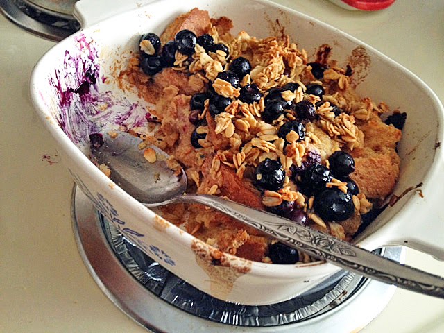 vegan baked French toast topped with blueberry maple crisp