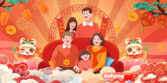 Hình ảnh gia đình sum họp đón Tết 2025, trang trí đỏ rực, lân sư và phong bao lì xì