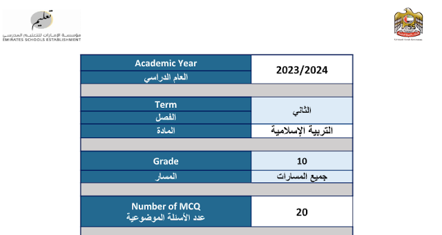 هيكل امتحان التربية الإسلامية الصف العاشر الفصل الثاني 2023-2024