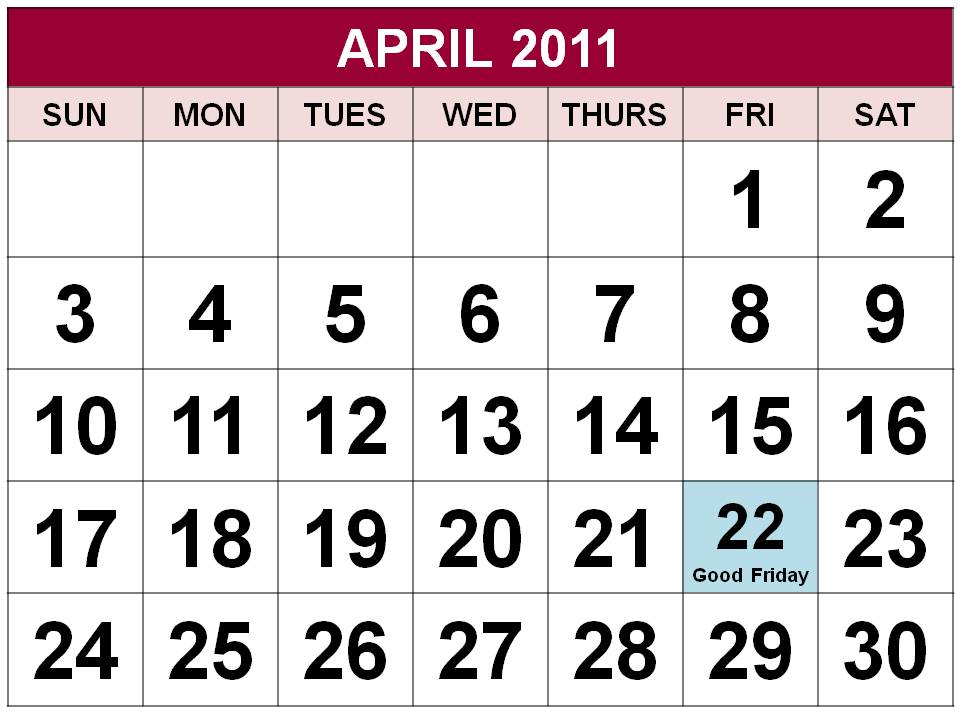 april easter 2011 calendar. Holidays Calendar April 2011