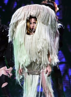 Lady Gaga's costume is a shaggy canopy hanging over her, with a hole cut in it for her face.