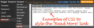 Screen shot of Template Designer illustrating the CSS added for the Read More or Jump link