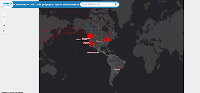 Mapa da Organização Pan-Americana da Saúde sobre a distribuição do SARS-CoV-2 nas Américas. Imagem: OPAS