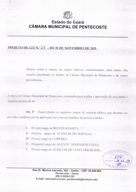 Veja as vagas que serão ofertadas no concurso da Câmara Municipal de Pentecoste