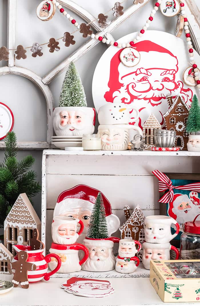 vintage Santa mugs, gingerbread houses