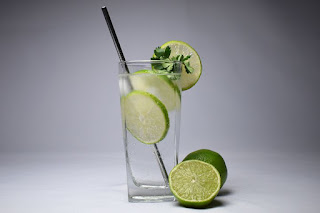 Un vaso conteniendo agua con radajas de limón