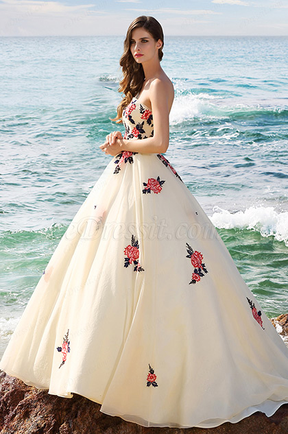 Vintage Strapless Embroidered Beige Ball Gown Formal Dress