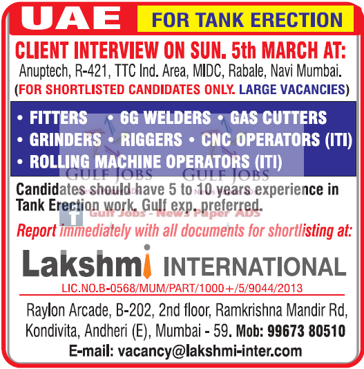 UAE Jobs for Tank Erection
