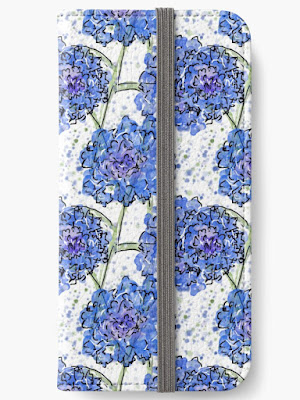 Photo shows a phone wallet featureing a bright blue line and wash cornflower design.