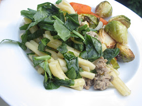 Pasta with Sage Sausage Pea Shoots & Capers