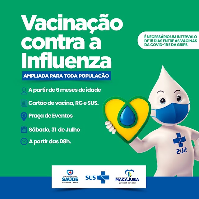 Vacinação contra gripe acontece neste sábado (31), na Praça de Eventos em Macajuba