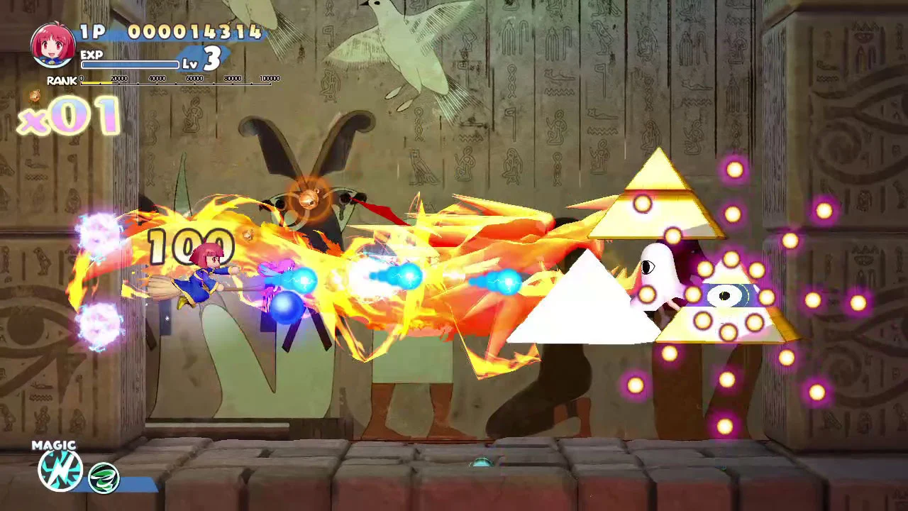 Cotton fighting enemies in temple with yellow magic beam