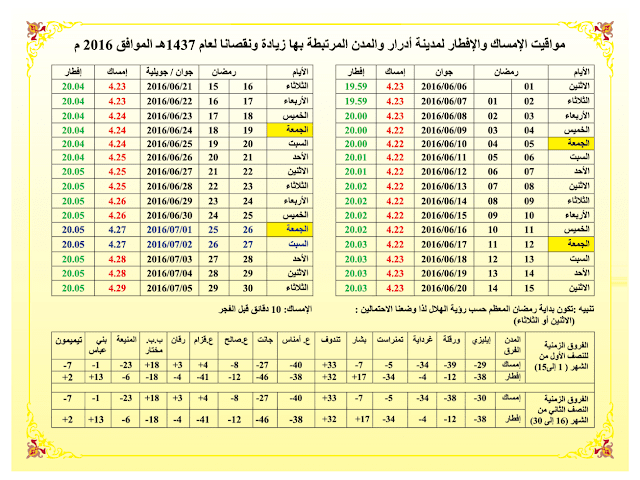  مواقيت الافطار و الامساك ادرار والمدن المرتبطة بها رمضان 2016 